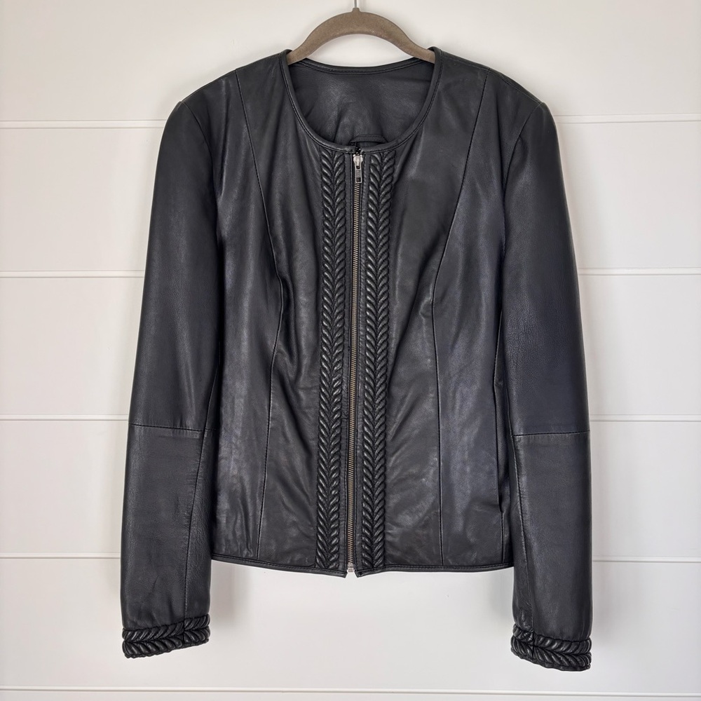 NAF NAF Black Leather Jacket with Braided Trim
